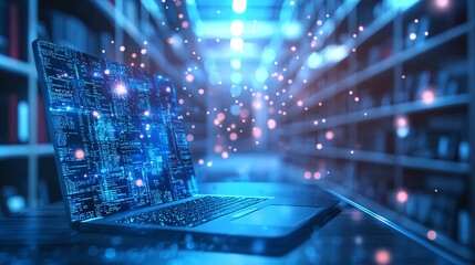 A futuristic workspace showcasing seamless hybrid learning with holographic tools Stock Photo with side copy space