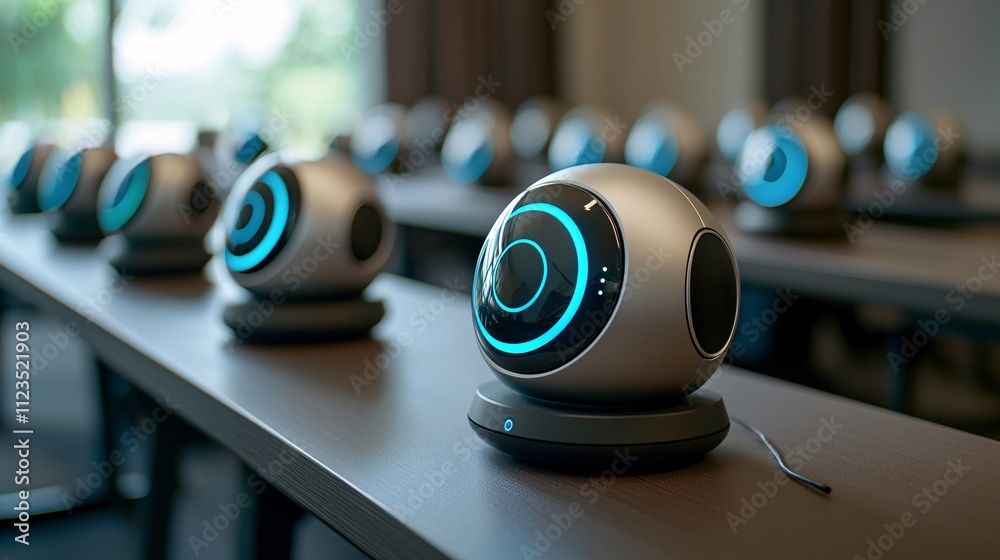 Poster A sleek AI-powered classroom assistant on display at a tech conference Stock Photo with side copy space