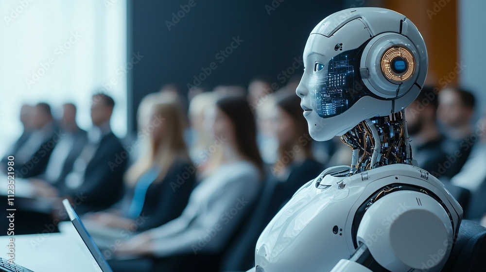 Poster A sleek AI-powered classroom assistant on display at a tech conference Stock Photo with side copy space