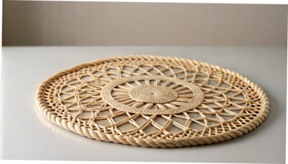 Beige woven placemat with intricate circular patterns