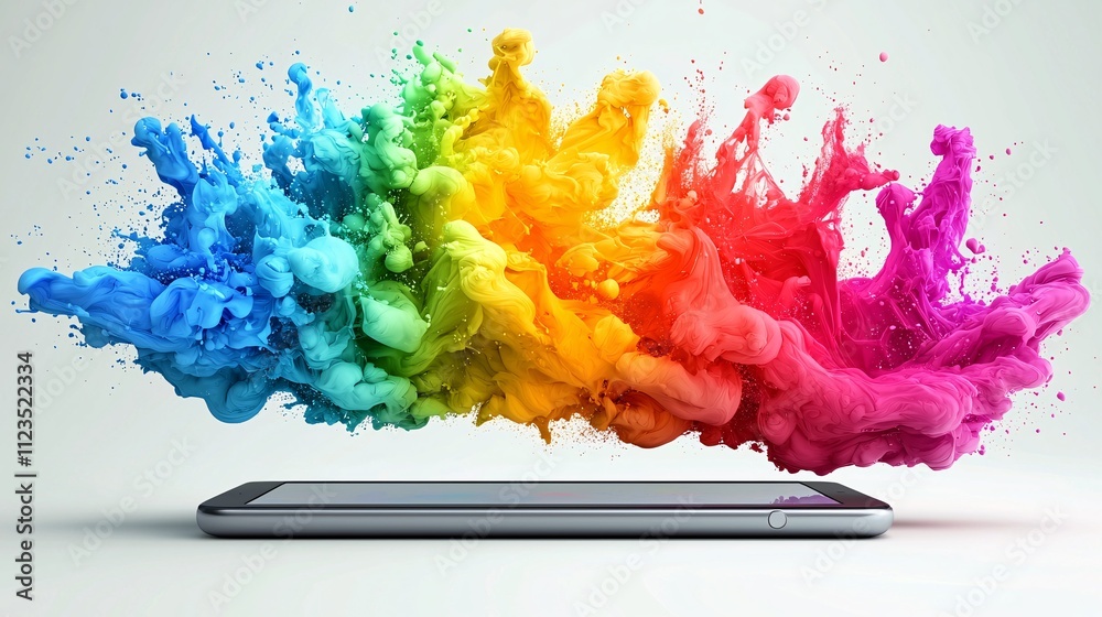 Poster A tablet displaying gamified educational progress with vibrant visuals Stock Photo with side copy space