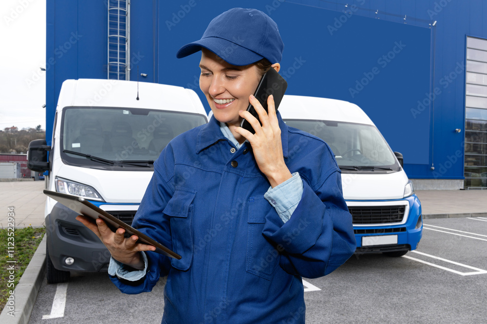 Poster female manager with a digital tablet and smartphone on the background of vans. fleet management