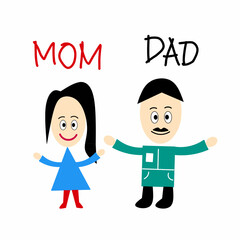 Mommy and daddy. Happy family. Vector illustration kids drawing style