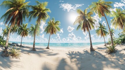 Obraz premium Tropical Paradise: Idyllic Beach Scene with Lush Palm Trees and Azure Ocean