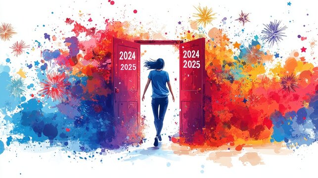 Symbolic figure steps vibrant doorway labeled 2024 and 2025 leaving past while welcoming new year fireworks and colors.