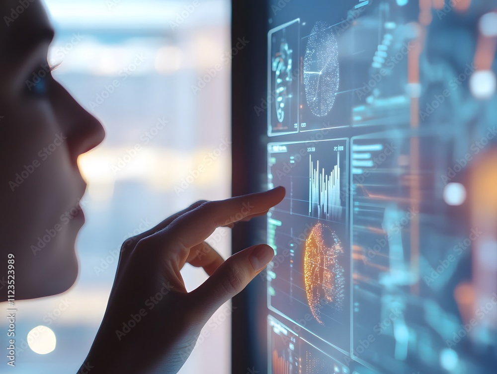 Poster focused professional analyzing data on a futuristic touchscreen interface, showcasing charts, graphs
