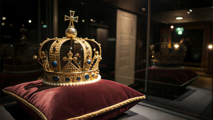 Golden royal crown displayed on velvet cushion in luxurious setting for festive Christmas decor