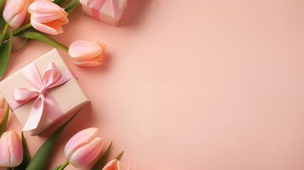 Pink tulips and gift box on the light background