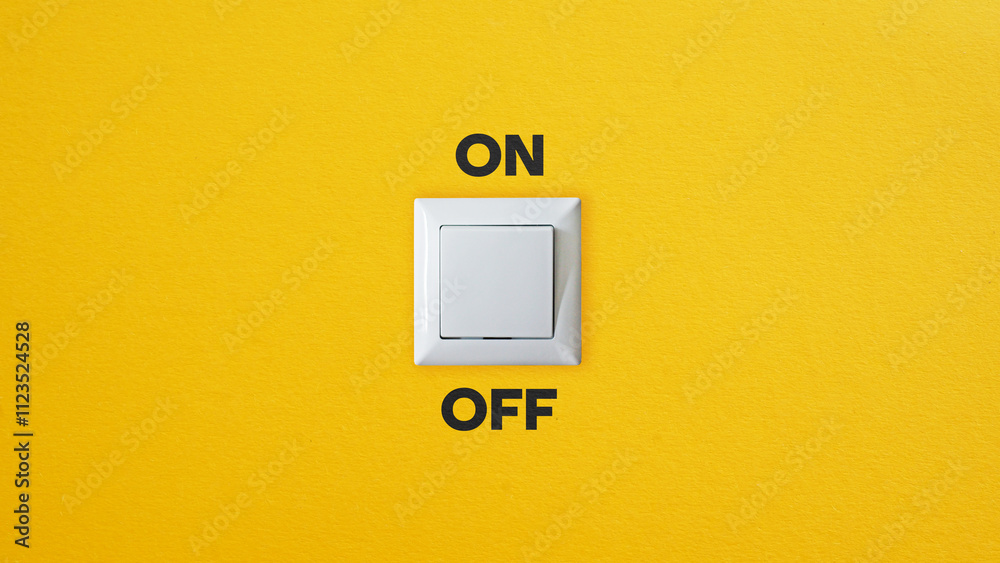 Poster Power on off switch or start and stop button concept. Light switch with on off word on orange background