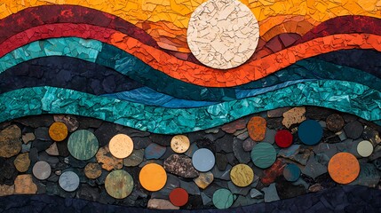 A vibrant mosaic depicting waves and a sun, created with colorful stones and materials, showcasing nature's beauty in an abstract style.