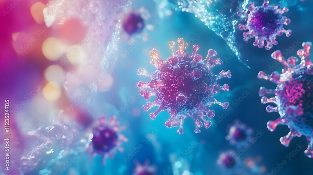 Aufkleber Abstract visualization of a microscopic view of viral molecules illustrating vivid colors and intricate details, representing the complexity of viral structures and their environments