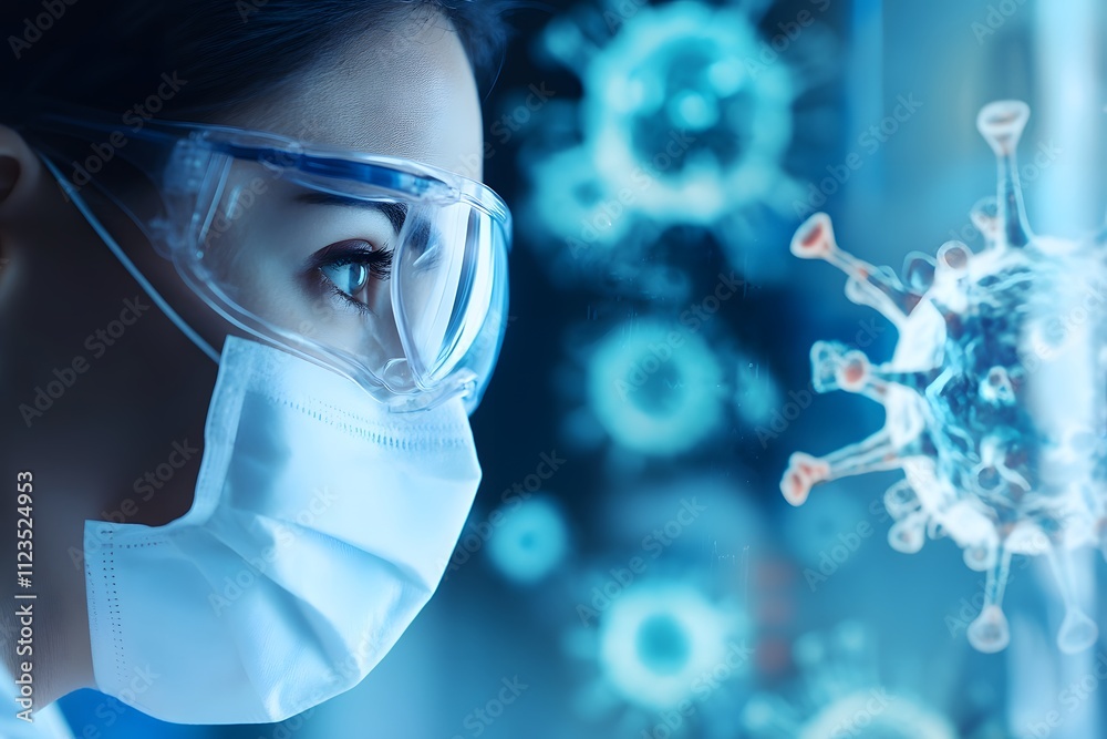 Poster female scientist in protective gear observing viruses under a microscope in a laboratory environment
