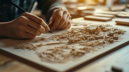 Hands meticulously crafting a detailed architectural model, showcasing urban planning.