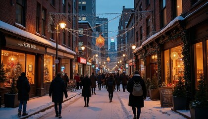Obraz premium Festively decorated street with people walking, snowy evening atmosphere, holiday shopping district