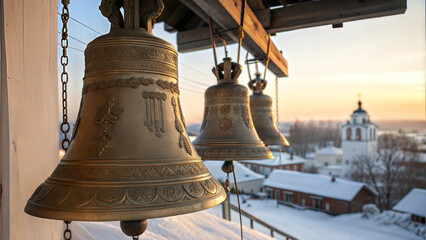 Orthodox Christmas, Large church bells at sunset in snowy winter city ringing for festive Christmas celebration