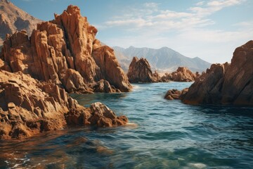 Fototapeta premium Contrasting Rock and Water A Tapestry of Rugged Brown Formations and Tranquil Blue Waters on a Sunlit Afternoon