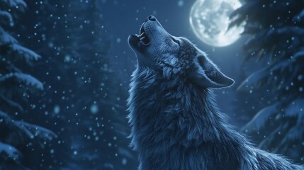 Obraz premium Howling Wolf Under the Winter Moon: A Majestic Night Scene