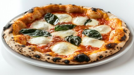 A delicious pizza topped with mozzarella cheese and fresh basil on a wooden plate.