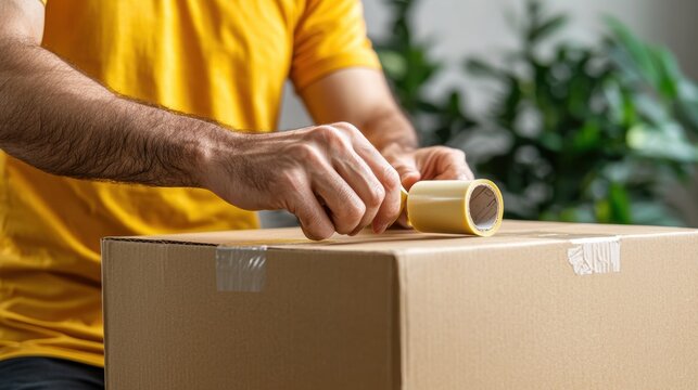 Packaging process in home office settingsealing boxes for shipping indoor environment close-up view e-commerce concept