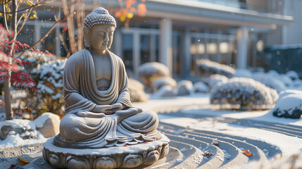 Snow-covered stone Buddha in zen garden