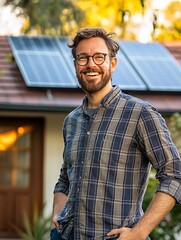 Smiling Man in Plaid Shirt Stands in Front of House With Solar Panels During Evening Light