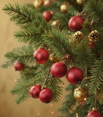 Detail of red berries on pine branches with golden ornaments against a warm brown background with shimmering golden particles, ornaments, berries, pine