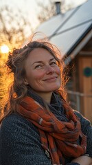 Smiling Woman Enjoying Sunset With Solar Panels in Background at Sustainable Home in Rural Setting