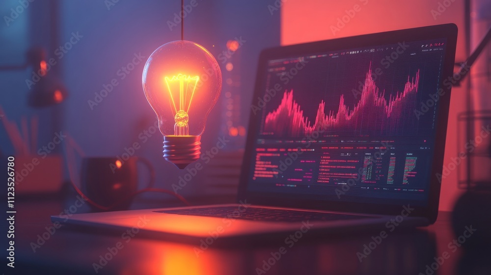 Poster laptop displaying data dashboard with floating glowing light bulb