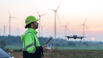 Obraz premium Engineers using a drone to check wind turbines from above during a beautiful sunset. A way to work with technology and support clean energy for the future.