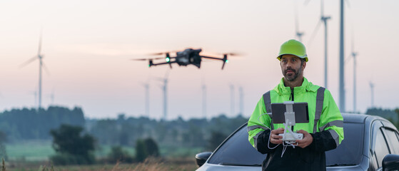 Engineers using a drone to check wind turbines from above during a beautiful sunset. A way to work with technology and support clean energy for the future. © NewSaetiew