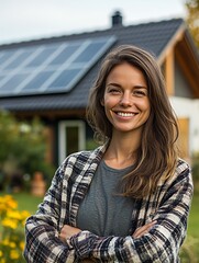Smiling Woman Stands in Front of a Sustainable Home With Solar Panels in a Vibrant Garden During a Sunny Day