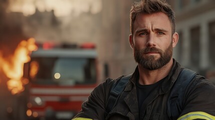 A confident firefighter stands boldly before a fire truck, with a burning building in the background, exuding resolve and preparedness against the fire's ferocity.