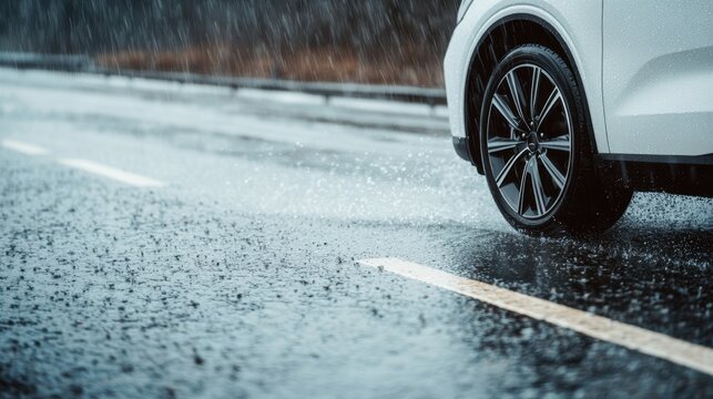 Traction control and traction system, A close-up view of a car tire on a wet road during rainfall, highlighting the surface conditions and weather impact on driving.