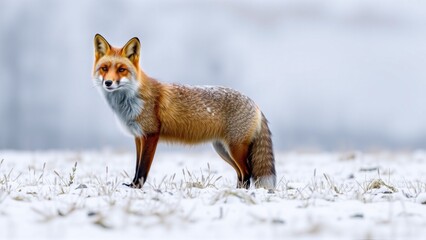 fox is positioned in a snow-covered landscape, showcasing its vibrant fur against the wintry setting. soft gray background enhances the scenes serene and cold atmosphere