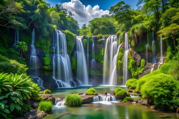 Obraz premium A cascading waterfall surrounded by lush greenery background design