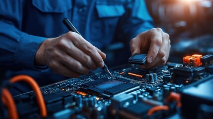 Naklejka premium technician meticulously repairs a circuit board in an electronic workshop. warm glow from equipment highlights the intricate components as tools are skillfully used to enhance performance