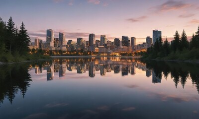 Obraz premium Reflections of the Anchorage Downtown Skyline in a calm lake or pond, creating a serene atmosphere , Serene Atmosphere, Anchorage, Nature Scene