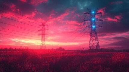 Naklejka premium Futuristic power line tower with a neon red glowing structure, highlighting innovative energy transmission and technological advancement.