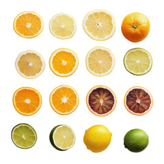 Fototapeta premium Citrus fruits including lemons, limes, and oranges, sliced to reveal their juicy interiors isolated on transparent background (2)