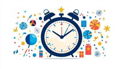 Colorful alarm clock surrounded by festive icons.