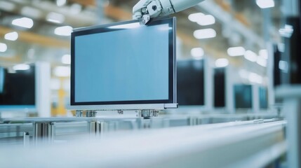 Fototapeta premium TV, manufactured, factory, production, worker, assembly, electronics, screen, robotic, arm, high-tech, facility, conveyor, belt, quality, inspection, industrial, parts, tools, precision, line, frame, 