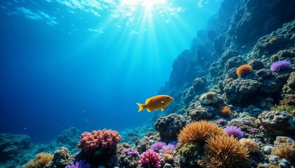 Fototapeta premium Wrasse fish swimming in a vibrant coral reef, illuminated by sun rays in clear blue water