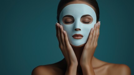 woman enjoys a moment of self-care while wearing a facial mask. She gently holds her face, embracing relaxation and rejuvenation in a calming setting