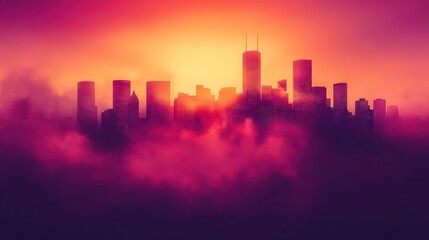 A silhouette of a city skyline is illuminated by a stunning sunset, surrounded by fog