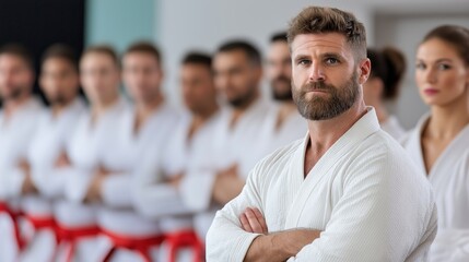 In a well-lit dojo, a focused martial arts instructor stands confidently at the forefront, guiding a group of attentive students as they prepare for an intense training session