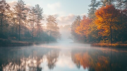 Obraz premium Fog envelops a serene lake reflecting colorful autumn trees under a soft morning light