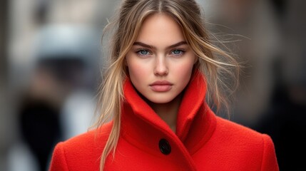 Fototapeta premium Young woman showcases effortless style in a vibrant red coat while enjoying a stroll in the city
