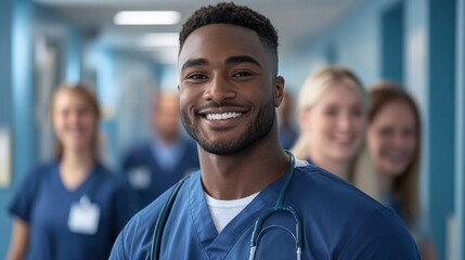 Fototapeta premium A healthcare worker in blue scrubs flashes a bright smile while standing in a hospital corridor