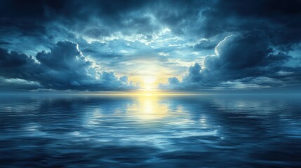 Obraz premium Glowing sunrise illuminates the tranquil ocean beneath a dramatic sky filled with clouds