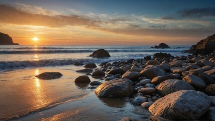 Obraz premium Sunset over rocky beach with calm waves
